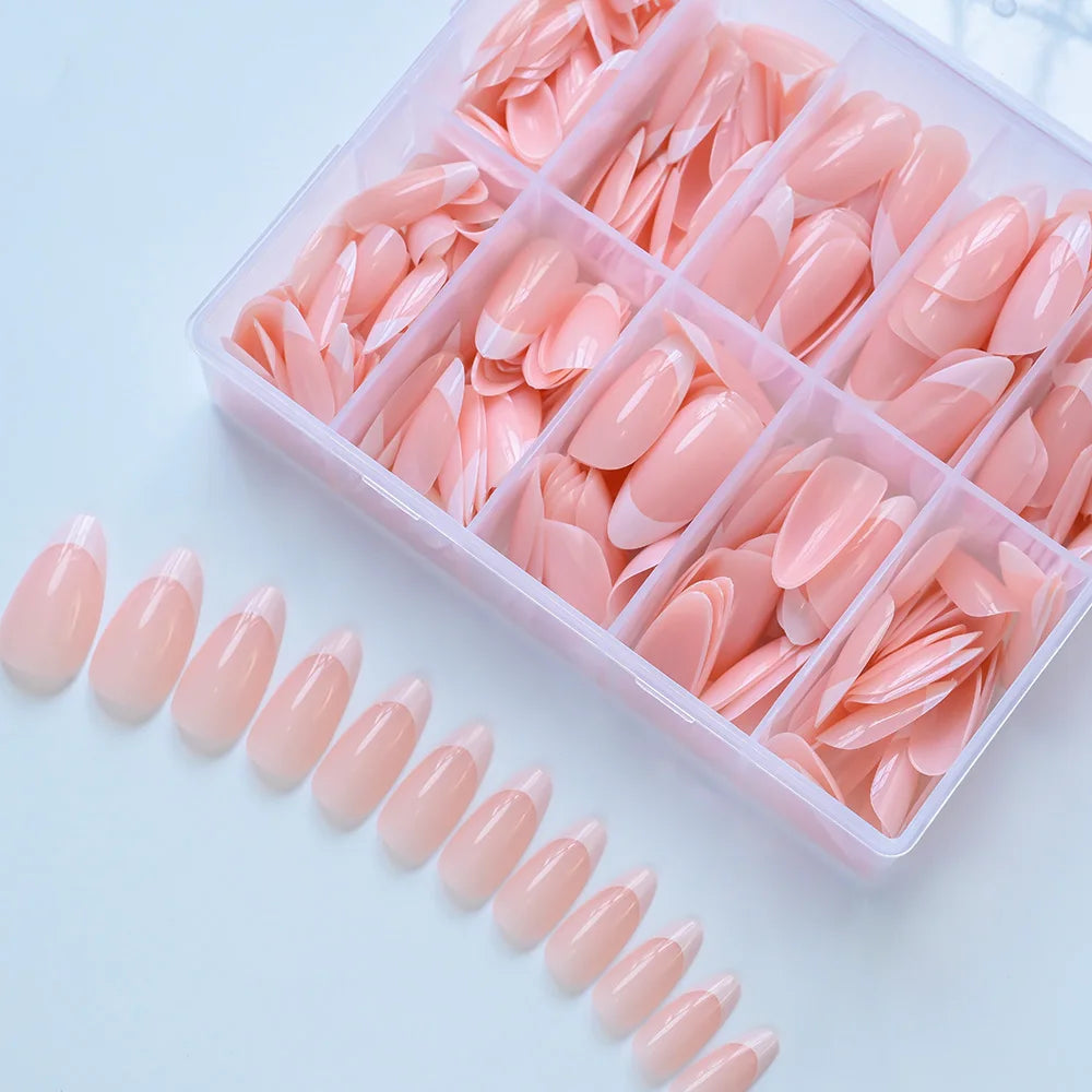 120/150/240pcs Pink Medium Almond French Press On Nails Glossy White French Oval Full Cover Wearable False Nail Acrylic FakeNail