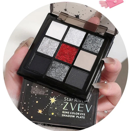 Black Red Punk Smoked 9 Colors Eyeshadow Palette - Waterproof Glitter Pearl Cold Dark Color Makeup Lasting Eyeshadow