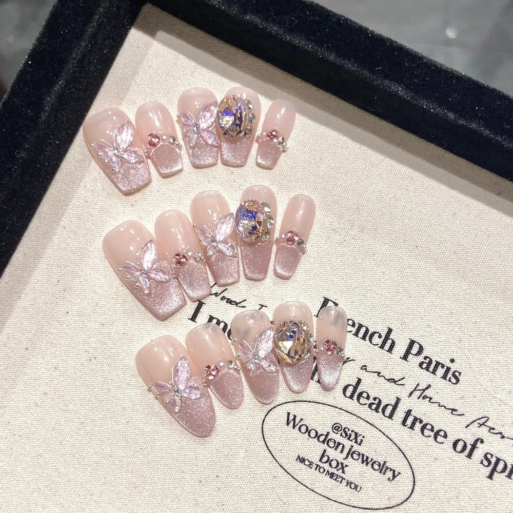 handmade nude press on nails french cat eye butterfly design reusable wearable false nails artifical nail tip desired life store