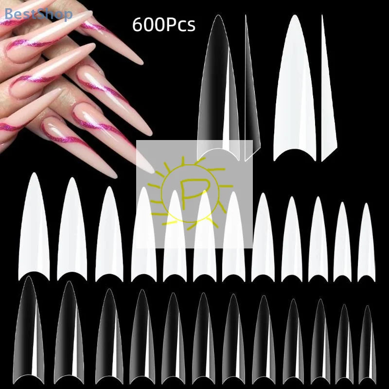 600pcs Stiletto False Nails Press On Acrylic Nail French Half Cover Gel Tips Fake Tips Manicure Supplies DIY Extension Tools