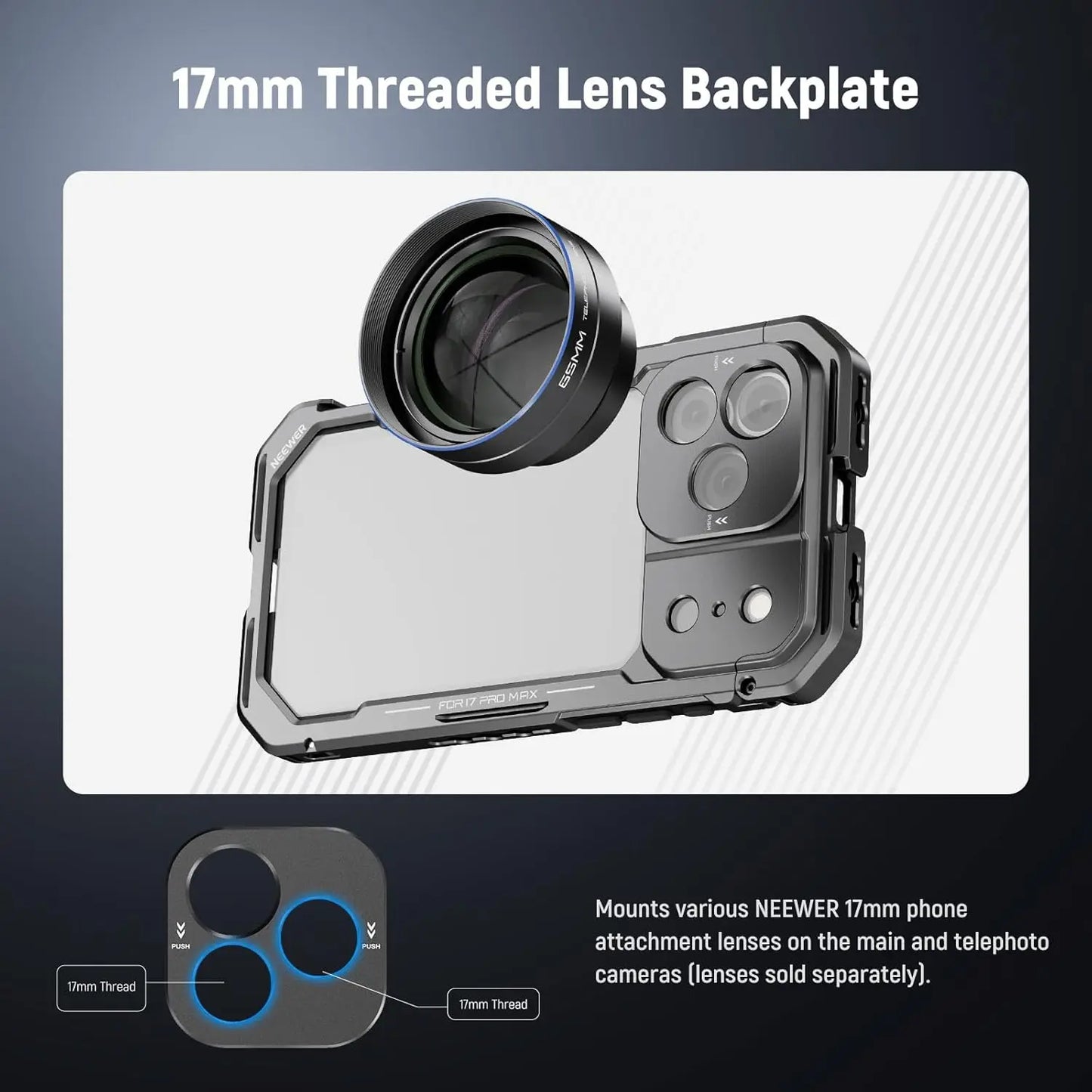 NEEWER Phone Cage for iPhone 17 Pro/Pro Max Quick Release Video Rig Stabilizer with 67mm Filter Ring Accessory