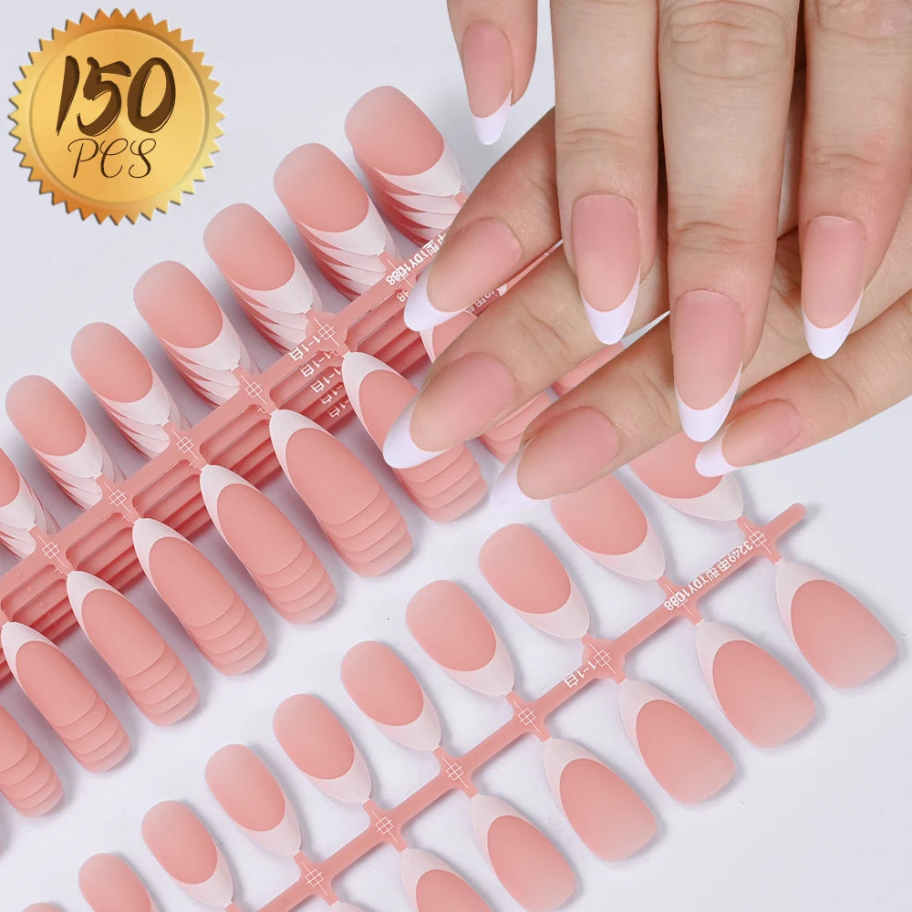 120/150/240pcs Pink Medium Almond French Press On Nails Glossy White French Oval Full Cover Wearable False Nail Acrylic FakeNail