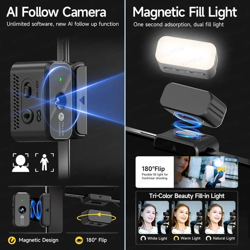 M06 AI Tracking Handheld Gimbal Stabilizer with Fill Light Wireless Lavalier Microphone for iPhone Phone Telescopic Rod