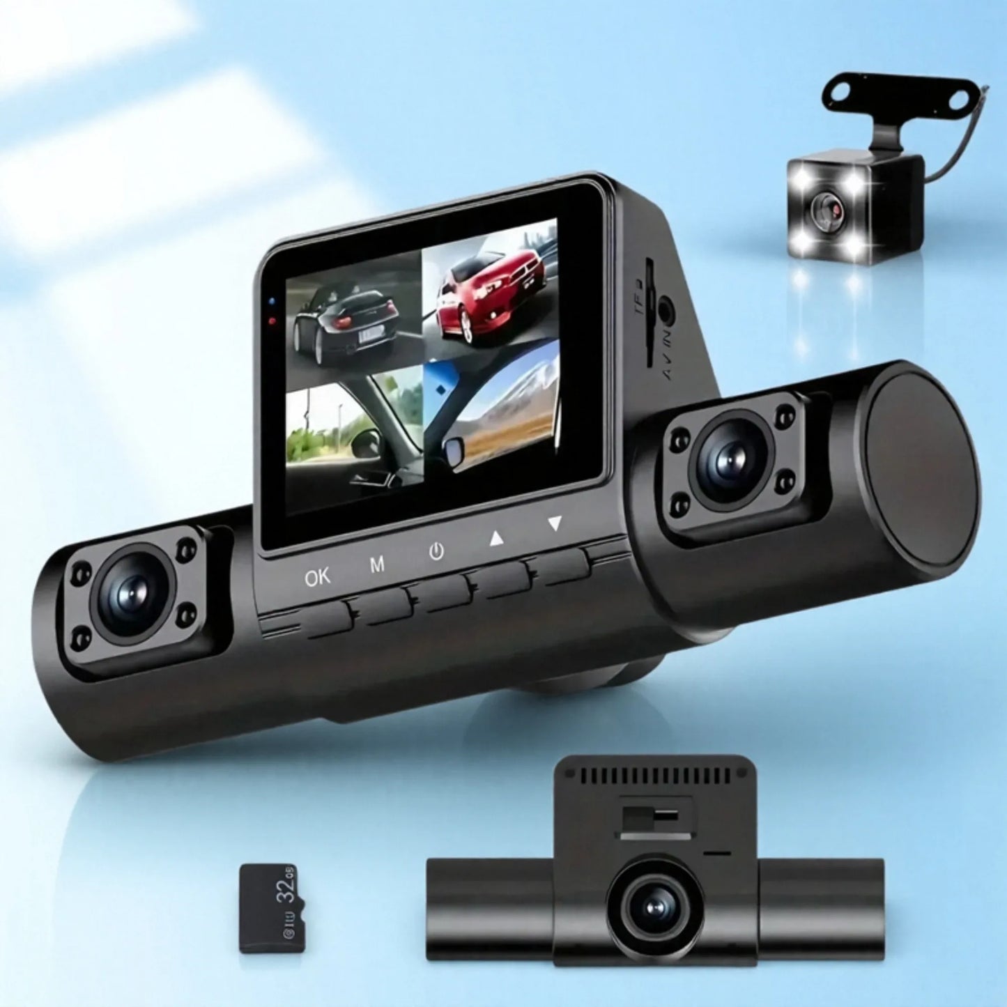 3Camera Car Recorder 1080P HD with Night Vision Parking Monitoring IPS Screen Front Rear Inside Dash Cam Support Laptop Computer