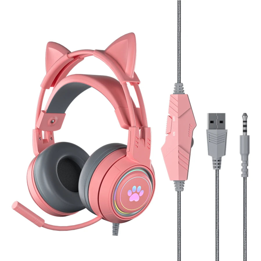 Cute Cat Ear Gaming Headphones with Mic Noise Reduced RGB Pink Girls Headset Gamer Accessories for PS4 Xbox Phone PC Kid Gift