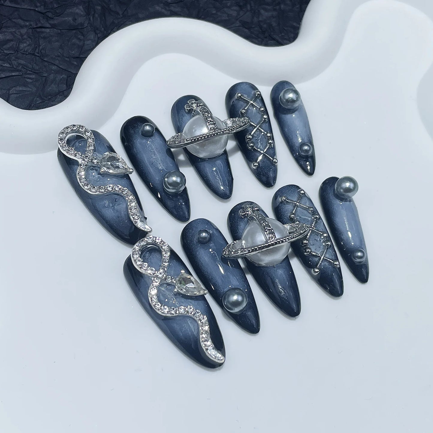 Mysterious Cosmic Press On Nails Dark Blue With Diamond Snake Planet Design For Events  With 3D Snake Planet Constellation Decor