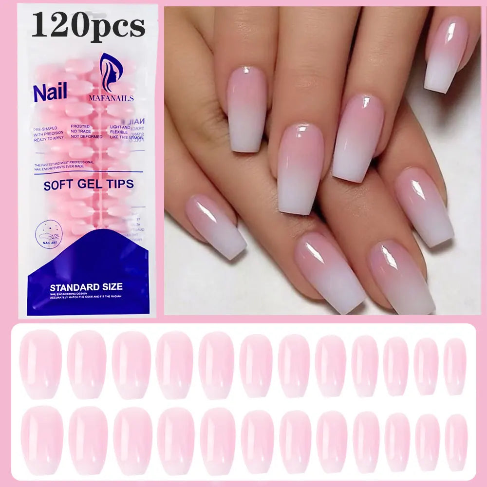 120pcs Pink Medium Almond French False Nails Gradient Design White French Press On Nails Full Cover Acrylic Gel Fake Nails Tips#