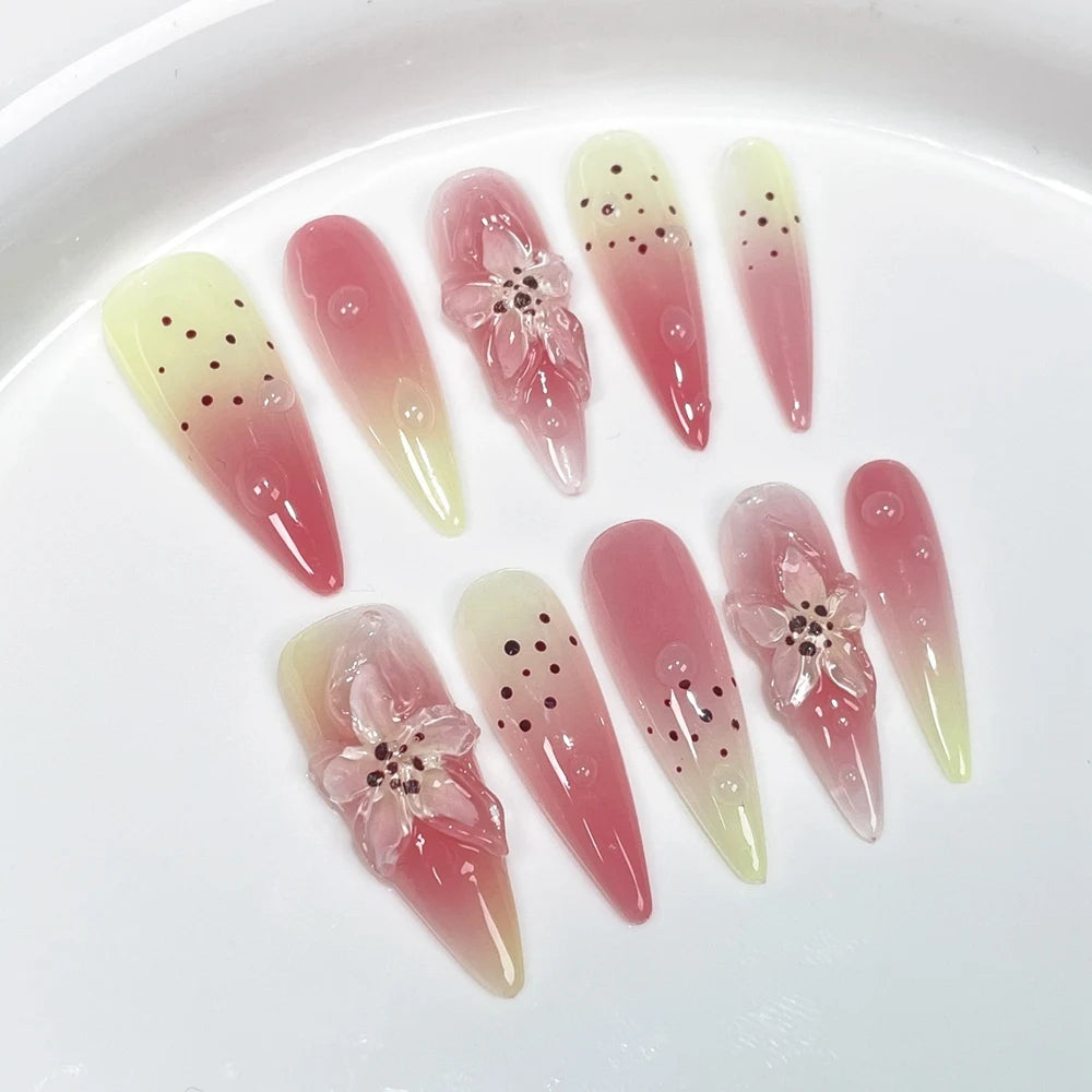 Handmade Almond Press on Nails French Flowers Design Reusable Acrylic False Nails Artifical Nail Tips Manicure Desired Life
