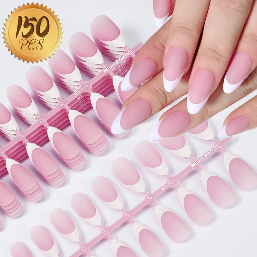 120/150/240pcs Pink Medium Almond French Press On Nails Glossy White French Oval Full Cover Wearable False Nail Acrylic FakeNail