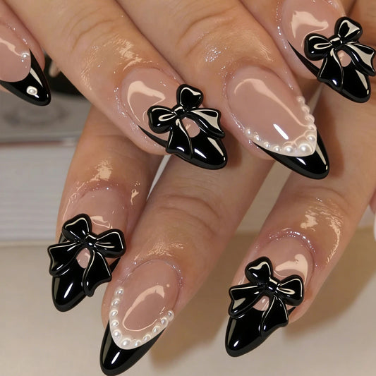 24PCS Pressed Black French Edge False Nails With Pearl And Bow Designs Fully Covered Acrylic False Nails, Reusable False Nails