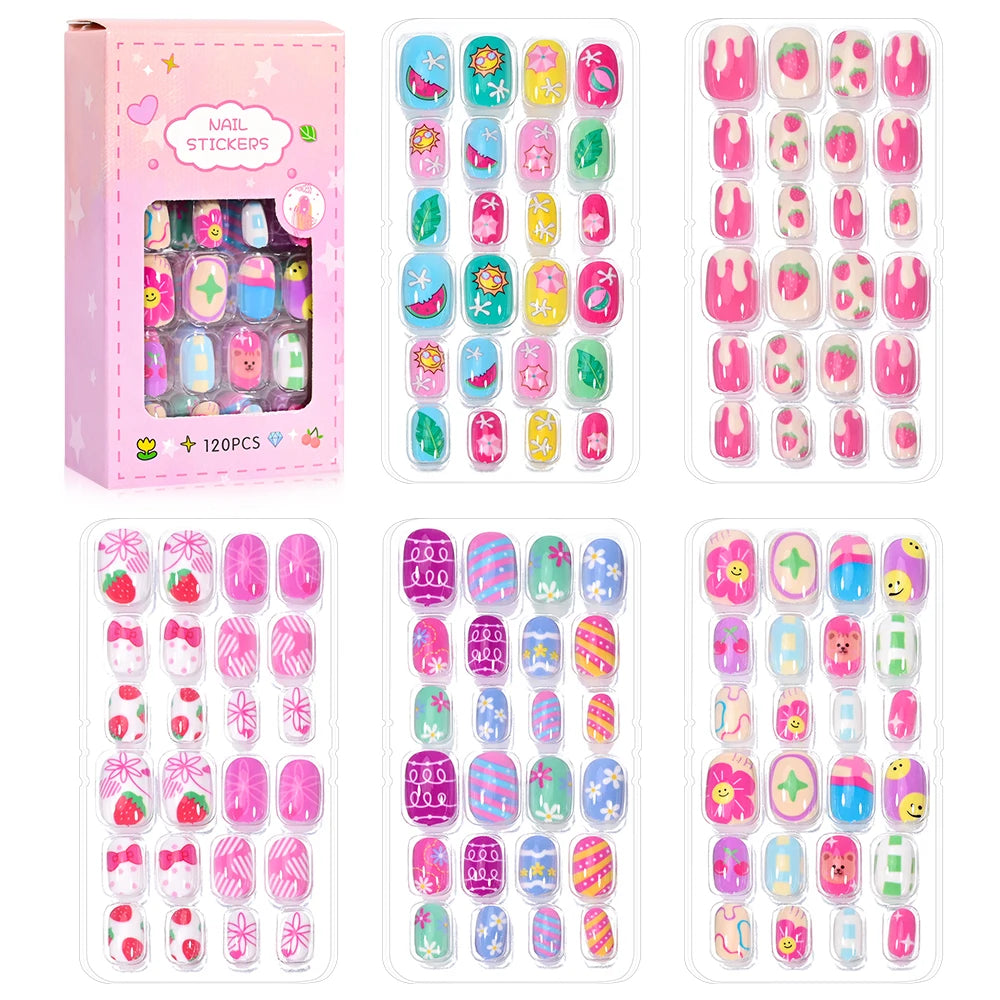120Pcs/set Cartoon Kawaii Cute False Nail Tips 5*24Pcs  Acrylic Nails Tips Full Cover Short Fingernail Press on Fake Nails &*&