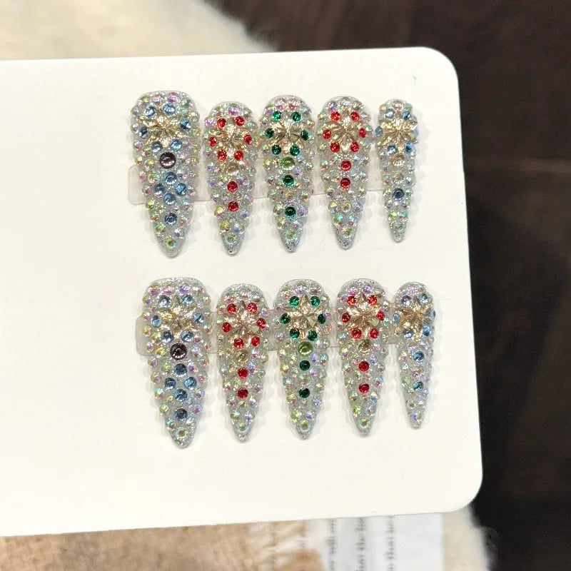 10pcs Long Stiletto Press on Nails Multi-Color Rhinestone Cluster Decor Sparkly Reusable Handmade Fake Nails for Wedding & Party