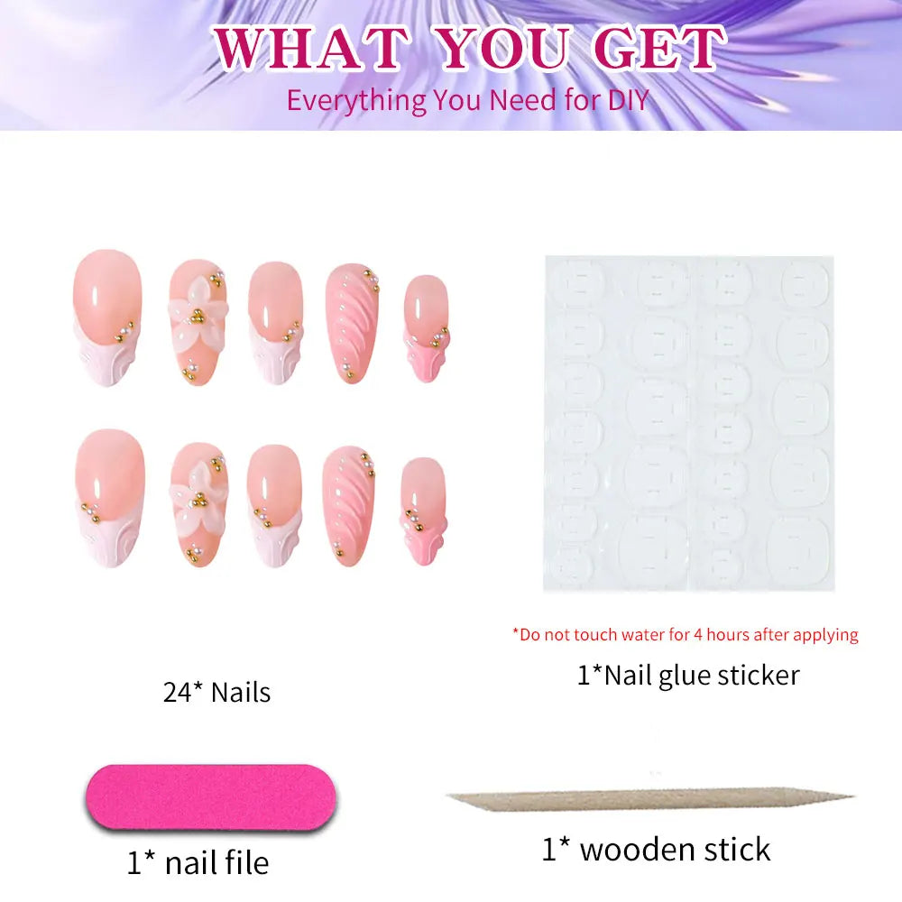 Elevate Your Style with, 24pcs/set Long almond flowers Pink and white French Press on nails tips French Acrylic Fake Nail，3d gel