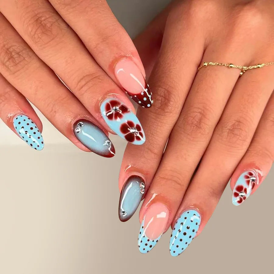 24pcs Leopard Print Brown Nails Art Gilded Pearl Design Almond Fake Nail Tips Flower False Nail for Women Girl Press on Nails
