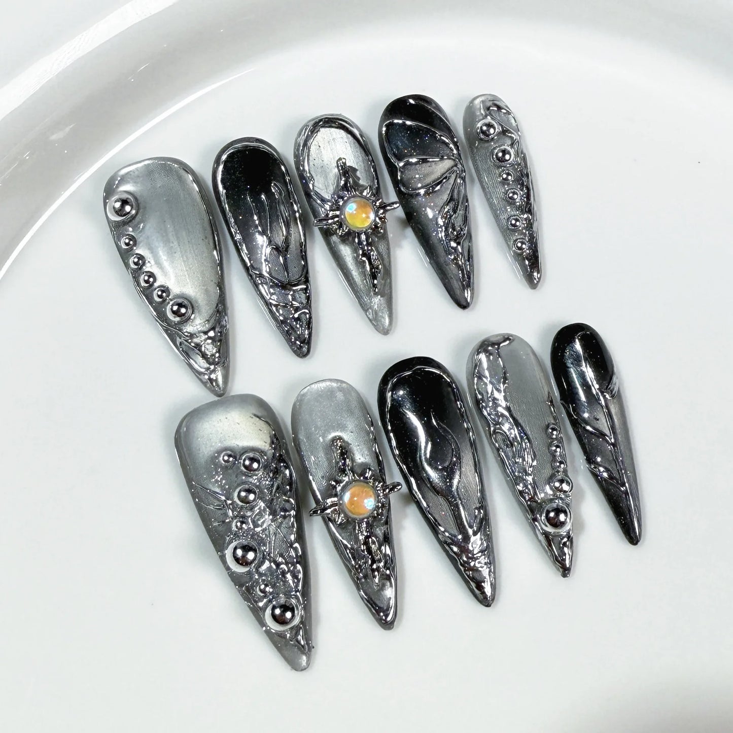 Handmade Halloween Press on Nails Long Gothic Y2k Metallic Fake Nails Artifical Acrylic Fake Nails Manicure Desired Life Store