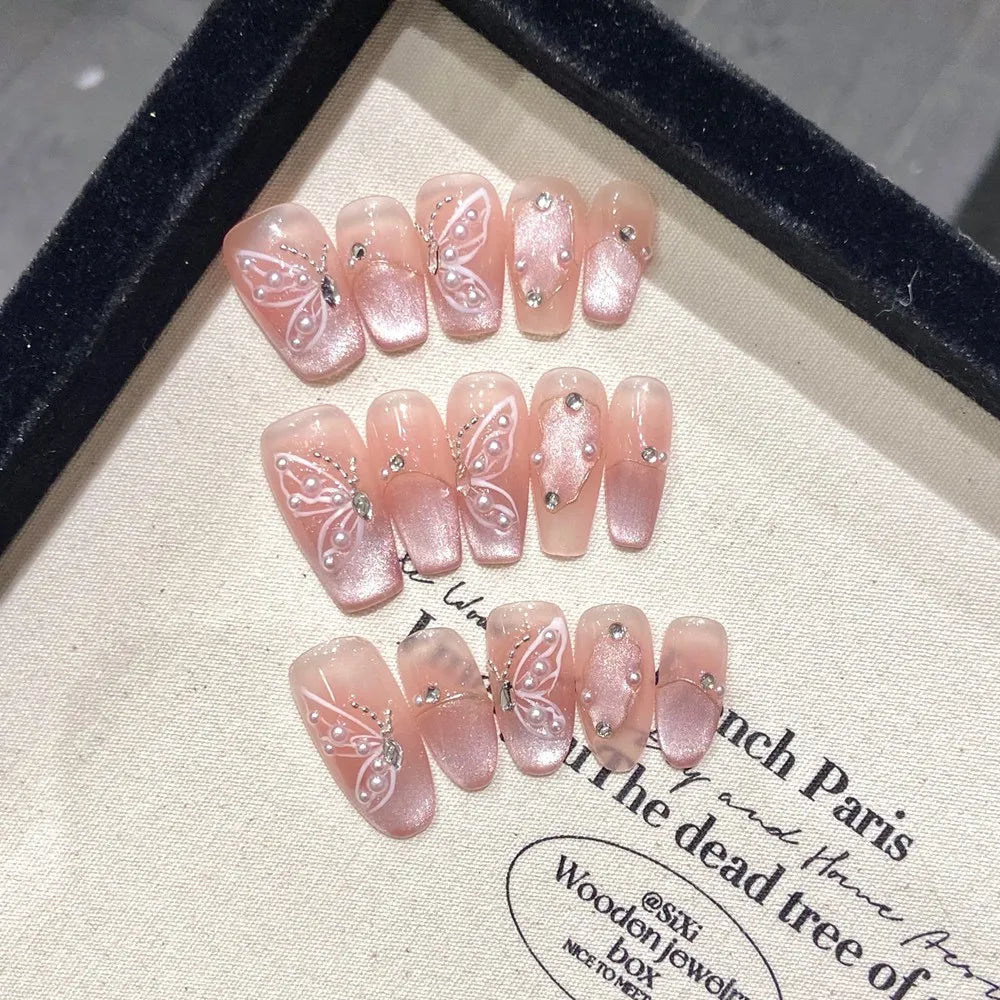 handmade nude press on nails french cat eye butterfly design reusable wearable false nails artifical nail tip desired life store