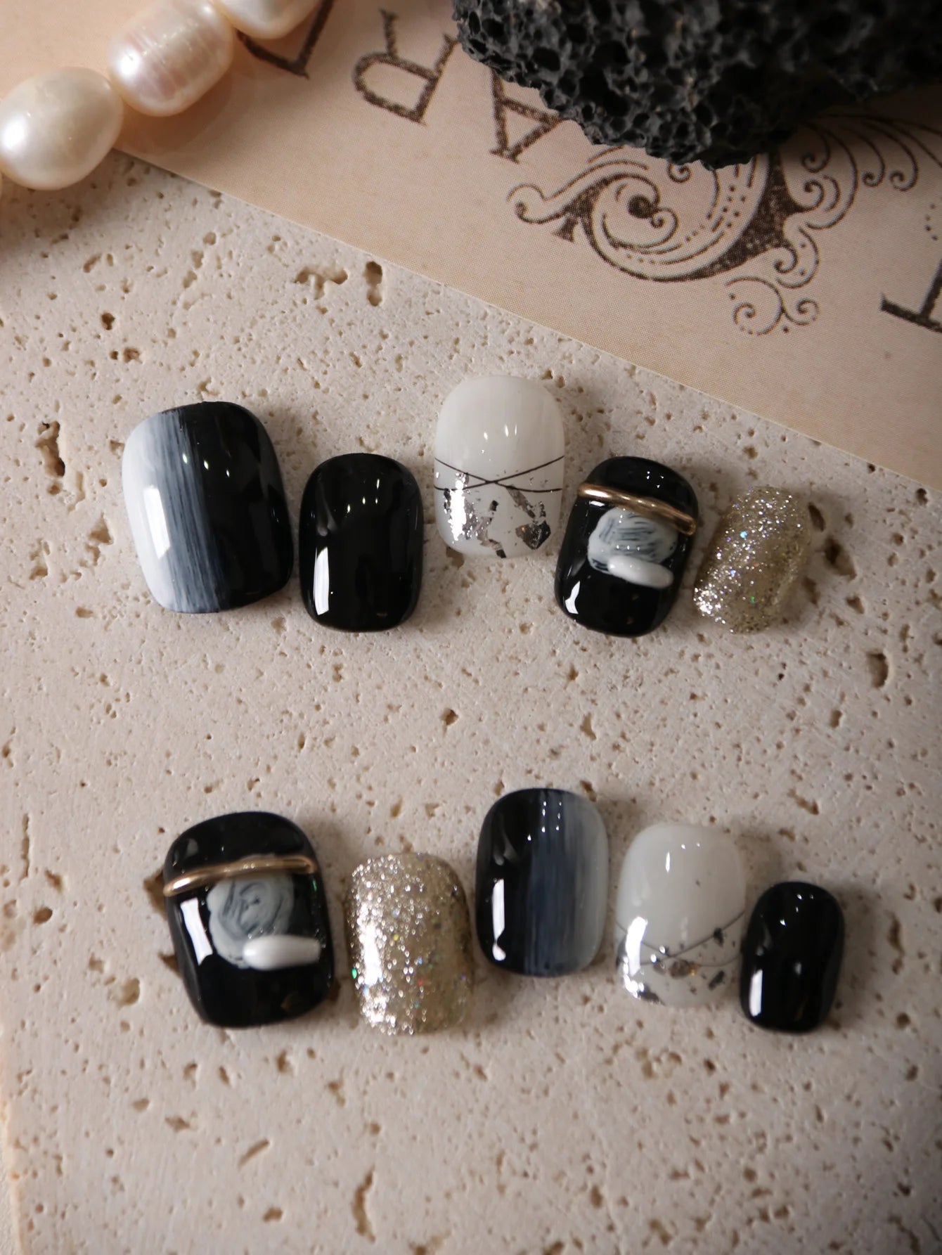10Pcs Press on Nails Short Black Halation Acrylic Press on Nails Fake Nails Includes 1 Sheet Adhesive Tabs & 1 Pc Mini File